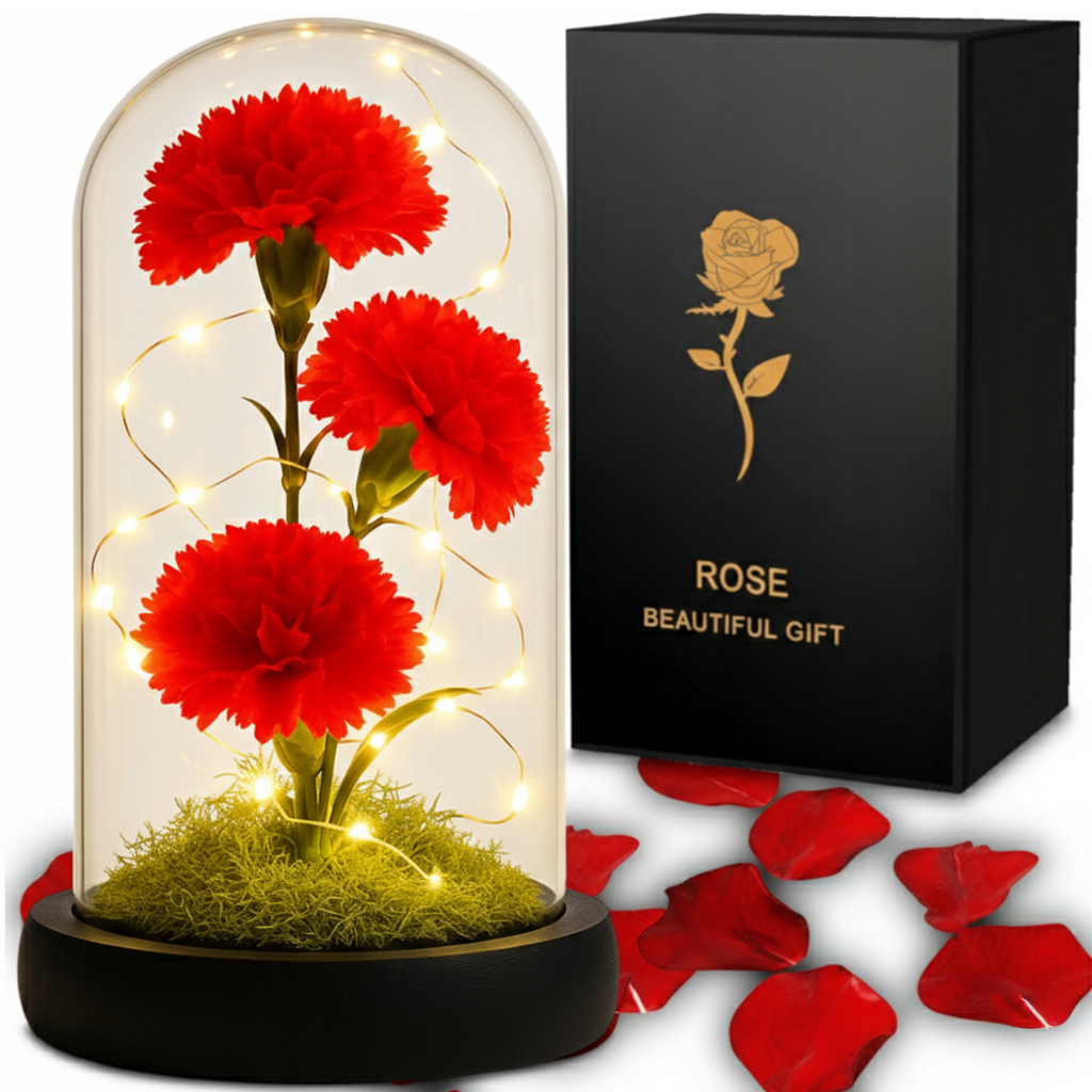 Wieczna róża w szkle LED – Potrójny czerwony bukiet na leśnym mchu
