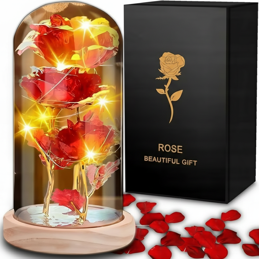 Wieczna róża w szkle – Kryształowe czerwone trio na jasnej podstawie