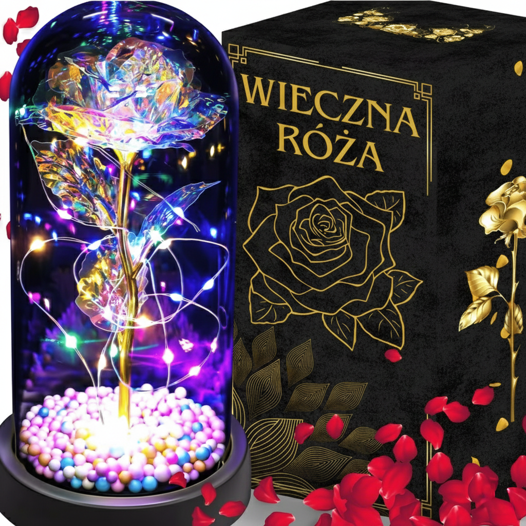 Wieczna róża w szkle – Galaktyczna zorza z kolorowymi perłami