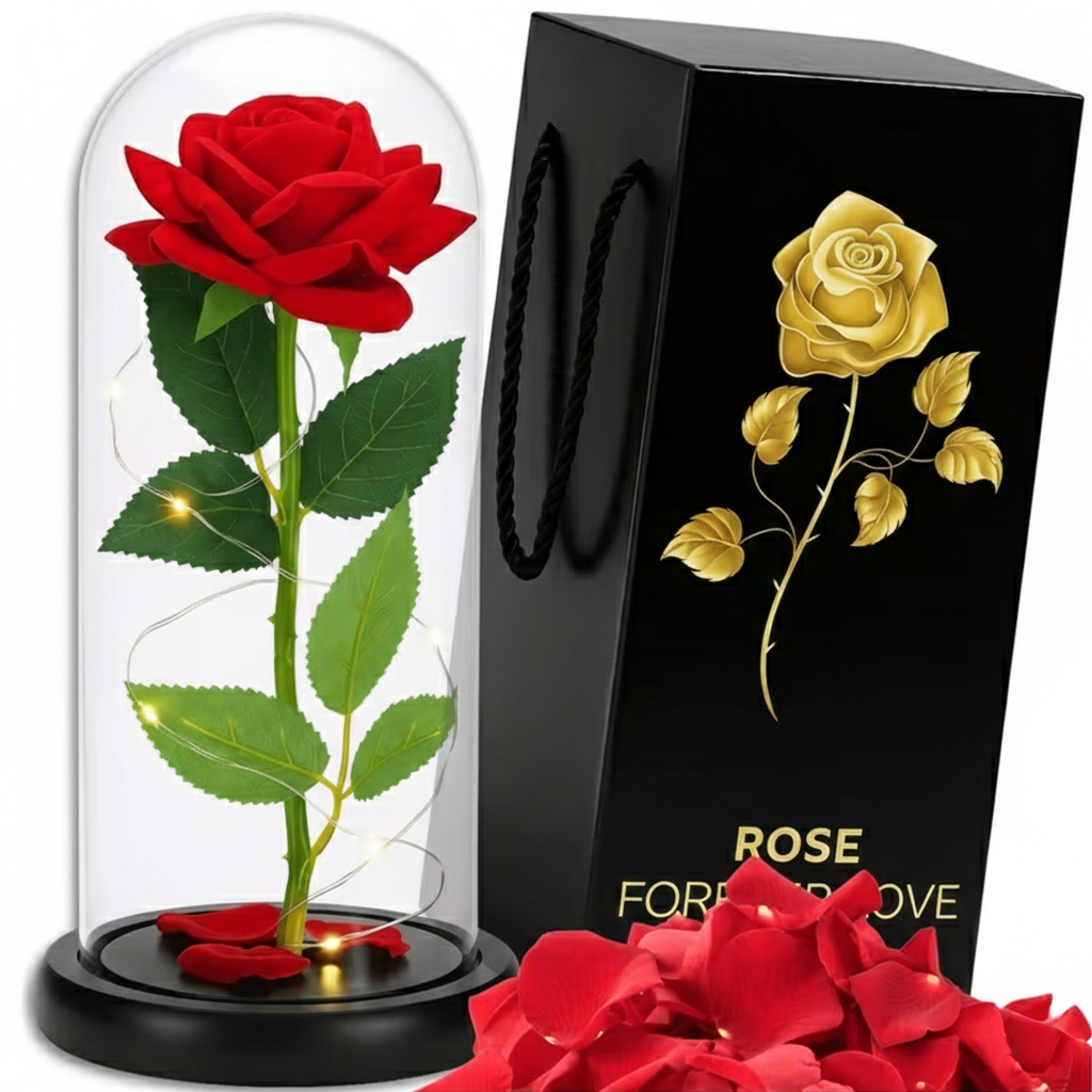 Wieczna róża w szkle – Klasyczna Królewska Czerwień z opadłymi płatkami