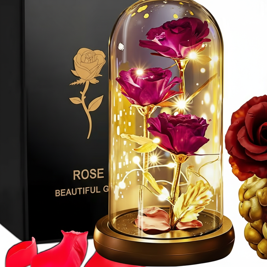 Wieczna róża w szkle – Purpurowe trio w złotym blasku